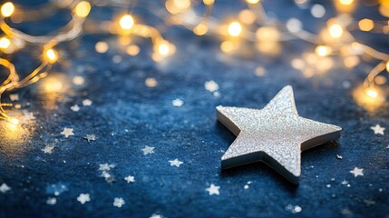 Sparkling Star on Blue Background with Lights