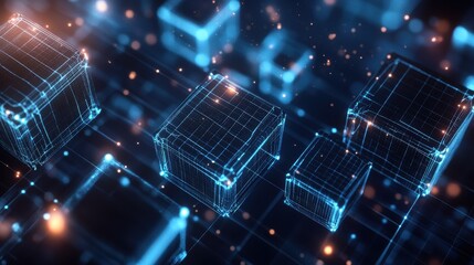 Abstract Blue and Orange Glowing Cubes on a Dark Background - Futuristic Technology and Digital Network Concept.