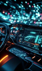 Fototapeta premium Futuristic car interior with glowing digital displays.