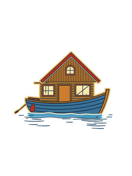 recommend clip art: Flat design vector-style image of design a minimalist house boat that will make a good lapel pin. Generative AI