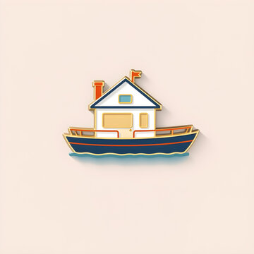 recommend clip art: Flat design vector-style image of design a minimalist house boat that will make a good lapel pin. Generative AI