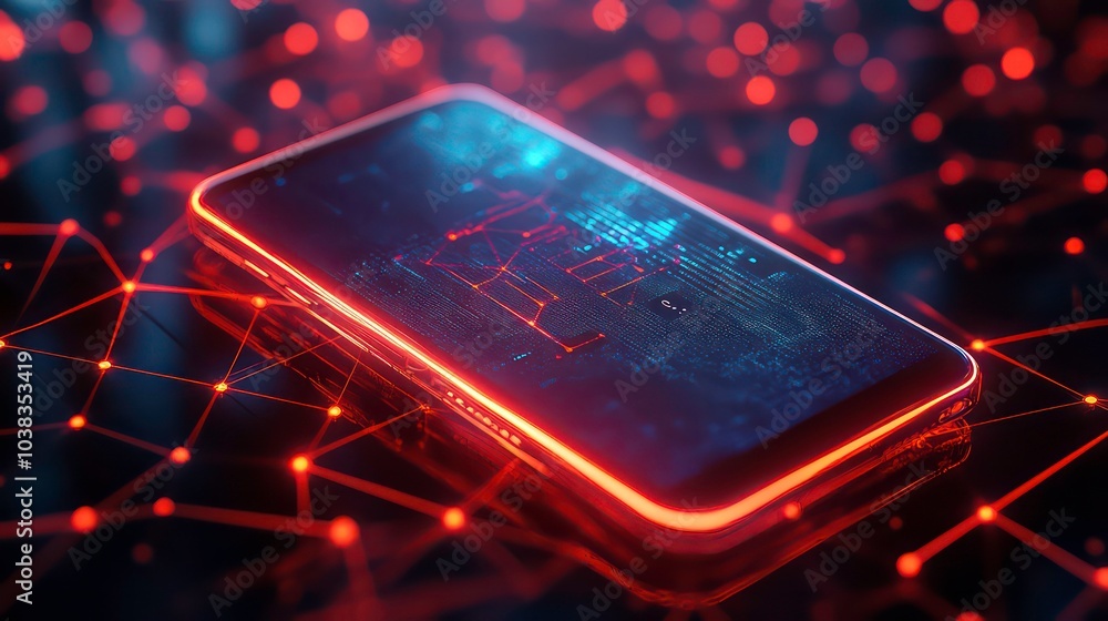 Poster a smartphone with a glowing screen displaying digital code and circuitry on a red and blue backgroun