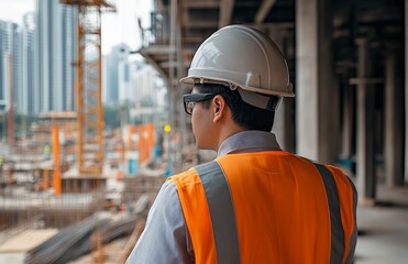 Fototapeta premium Asian male construction worker observing site progress in safety gear.