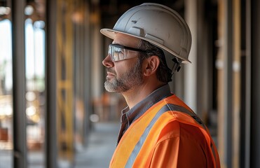 Middle-aged Hispanic male construction worker in safety gear, contemplating the site.