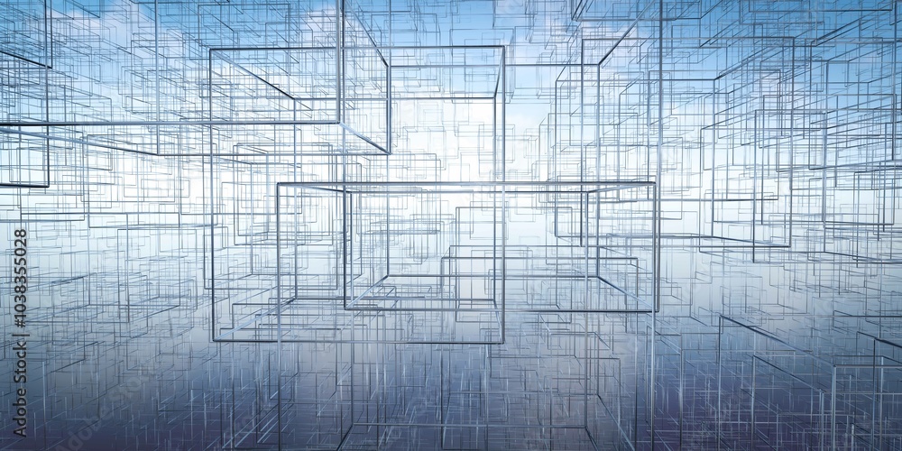 Poster interconnected wireframe cubes in abstract 3d art