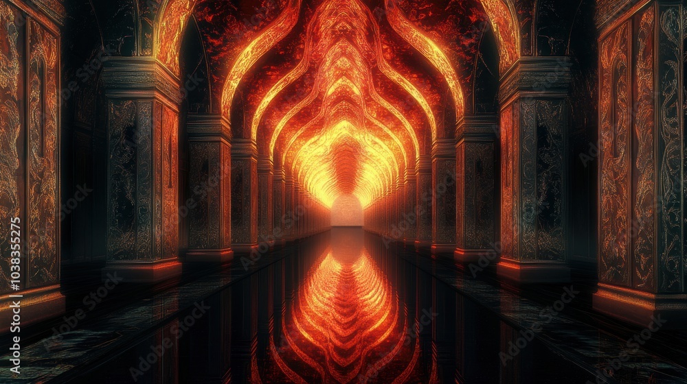 Poster glowing fire archway hallway with columns and reflective floor - 3d render.