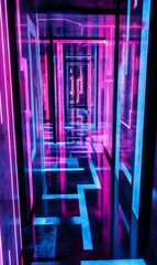 Fototapeta premium Neon hallway with pink and blue lights.