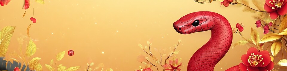 Fototapeta premium Red snake with golden flowers on warm-toned backdrop.
