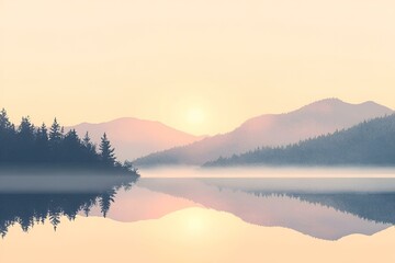 Fototapeta premium Digital illustration of a tranquil mountain range. Bathed in the soft light of the morning sun. The sky changed from pale orange to pink. Reflected on the calm lake.