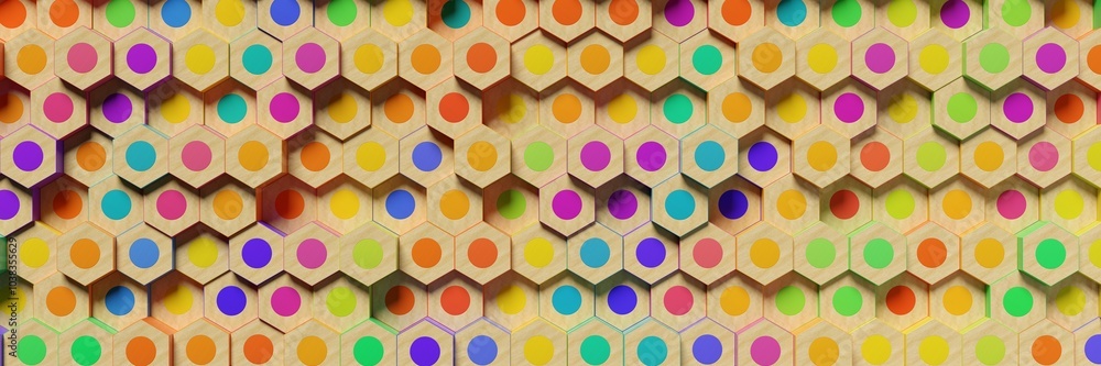 Poster array of rainbow or spectrum palette randomly colored shifted pencil ends array background, back to 