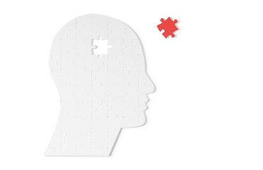 Human head jigsaw puzzle with one piece missing on white background, brain or mental disease or health problem concept