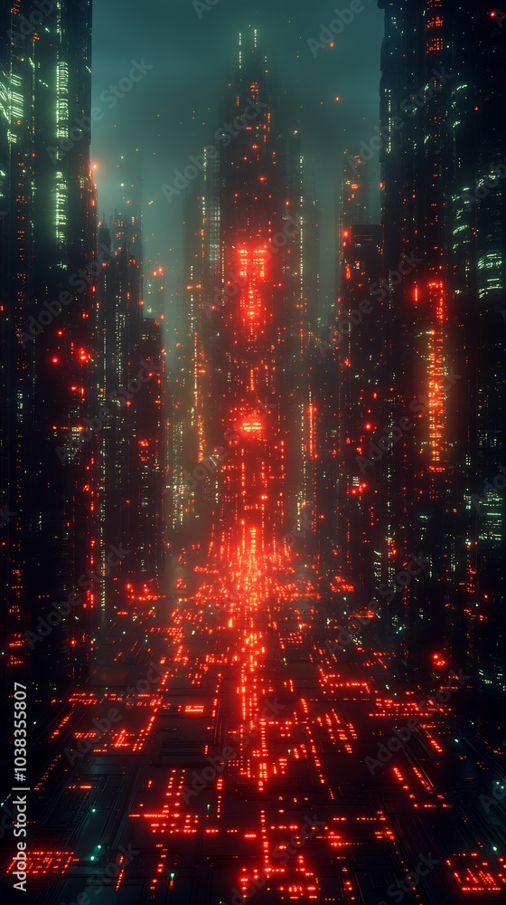 Poster surreal cybernetic dreamscape with neon red and green circuits forming a vast technical structure of