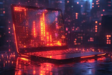 A laptop in a futuristic atmosphere. Multicolored lights, binary code, bright flashes on the screen