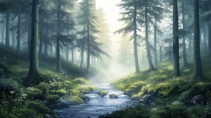 Obraz premium Enchanting Forest Stream with Mist and Sunlight Breaking Through the Canopy.