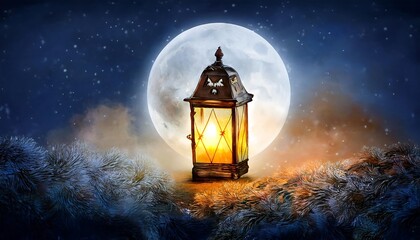 Halloween theme with a vintage lantern and the moon, watercolor