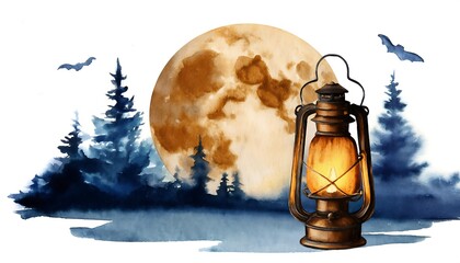 Halloween theme with a vintage lantern and the moon, watercolor