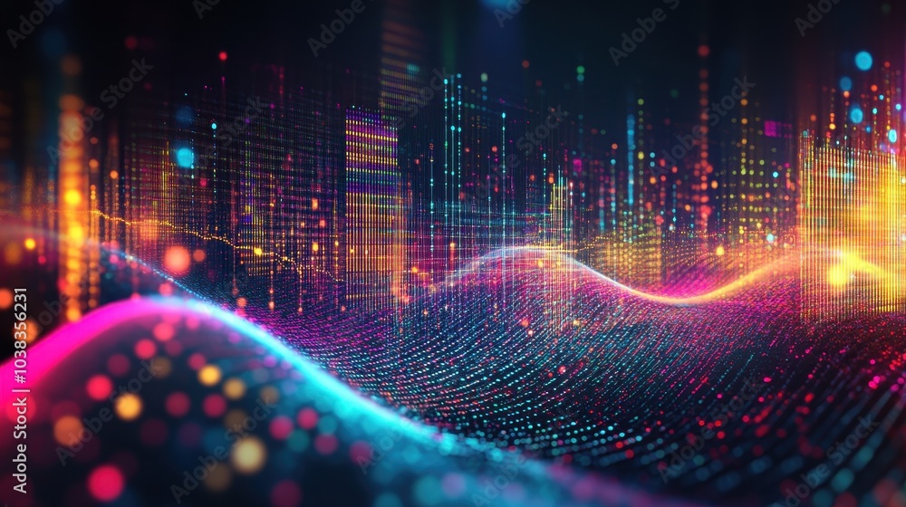 Poster abstract digital cityscape with colorful lights and bokeh effect - futuristic technology background.
