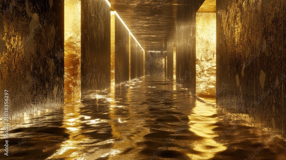 Poster abstract golden corridor with water reflections - 3d render of modern architecture.