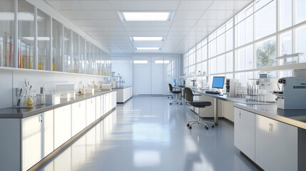 Obraz premium Modern laboratory interior with bright lighting and streamlined workspace for scientific research and experiments