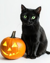 Black Cat with Green Eyes and Jack-o'-Lantern for Halloween.