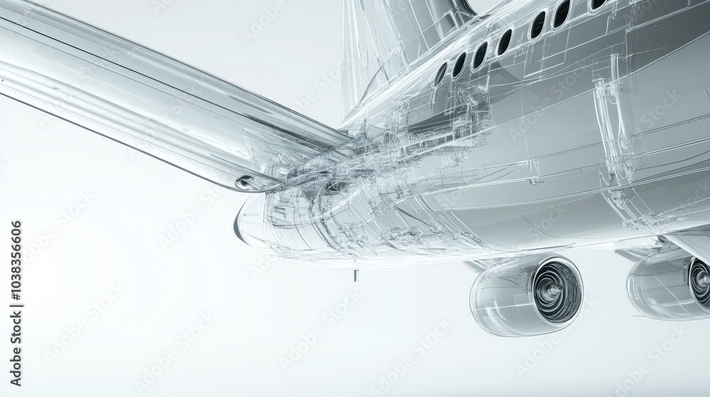 Poster transparent airplane with visible engine details and white background - 3d rendering.