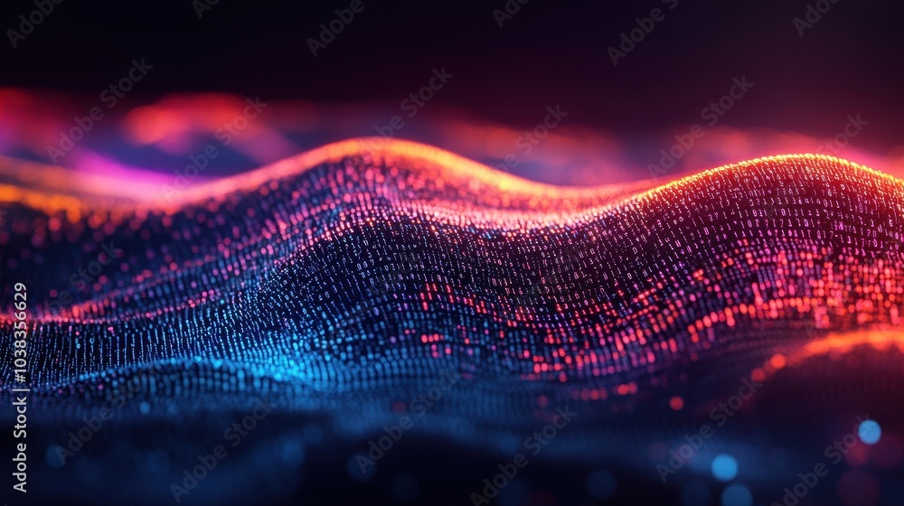 Poster abstract digital wave background with red and blue glowing particles.