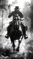 Fototapeta premium Equestrian Rider in Dramatic Black and White Scene