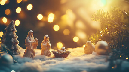 A serene nativity display illuminated by soft lighting, featuring Mary, Joseph, and baby Jesus amidst festive decorations