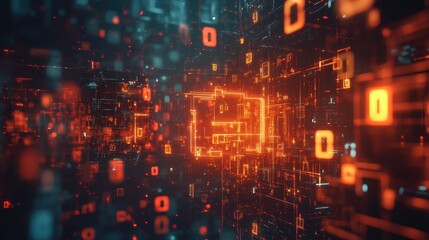 Abstract Digital Network Data Flow - Glowing Orange and Blue Lines, Cyberspace Background.