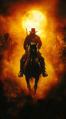 Naklejka premium Mysterious Rider Against a Fiery Sunset