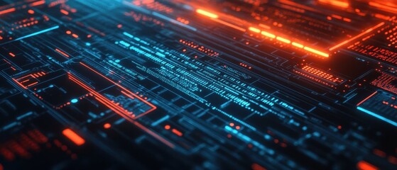 Obraz premium Futuristic Neon Circuit Board with Red and Blue Glowing Lines.