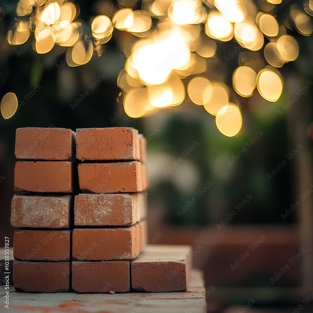 Aufkleber a stack of rustic bricks with beautiful bokeh lighting in the background.