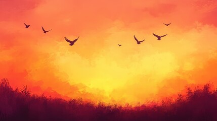 Fototapeta premium Birds Flying Silhouettes Against Dramatic Sunset Sky and Dark Forest Landscape.