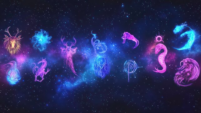 A collection of 12 zodiac signs, each depicted as a constellation of stars against a night sky backdrop.