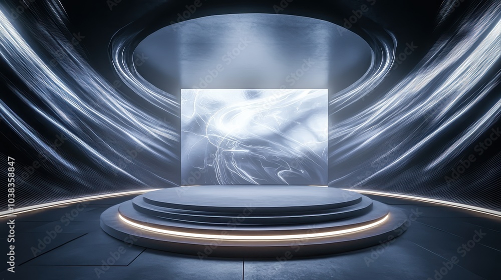 Poster futuristic abstract background with circular platform and neon lights.
