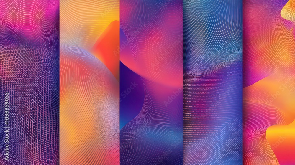 Poster set of five abstract colorful backgrounds with neon gradients and geometric patterns.