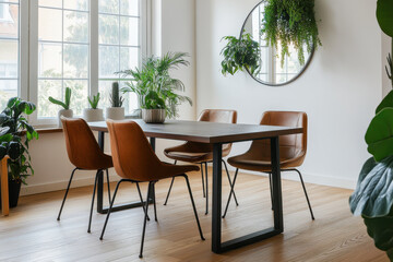 modern dining area featuring sleek wooden table surrounded by stylish brown chairs. Lush green plants add refreshing touch, enhancing inviting atmosphere