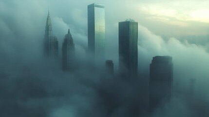 Foggy cityscape featuring towering skyscrapers partially obscured by thick, dense fog