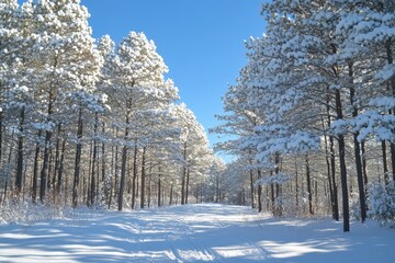 winter forest scene, decembers tranquil allure captured in a snow-draped pine woodland under a clear blue sky
