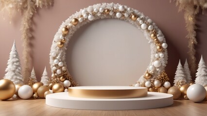 3d luxury podium christmas decoration and space for your luxury product. Christmas background concept