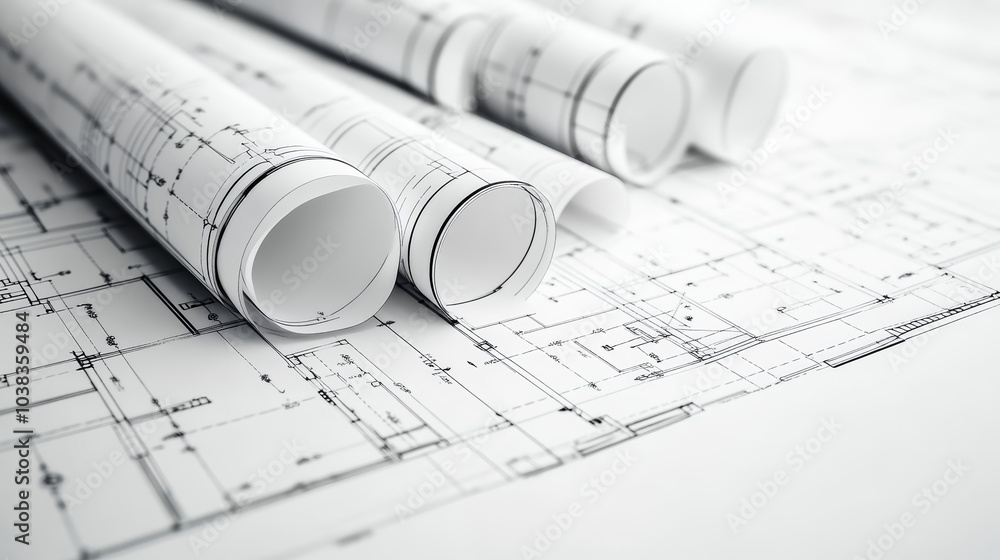 Poster rolled architectural blueprints creating a professional and organized workspace scene.