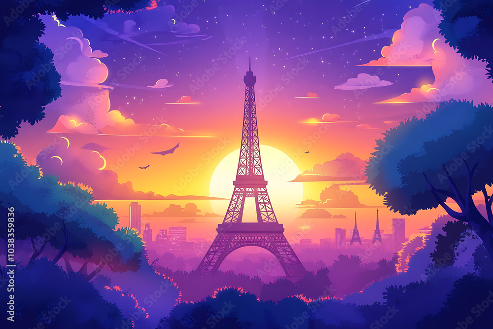 Poster a vibrant sunset view of the eiffel tower surrounded by trees and a colorful sky.