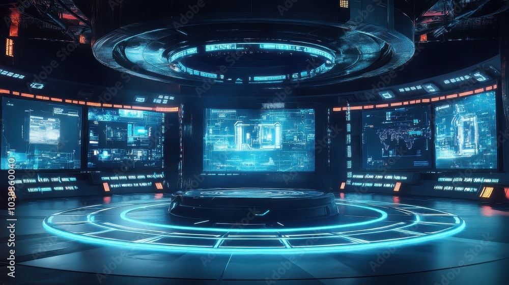 Poster futuristic sci-fi control room with glowing blue lights and screens displaying data and graphics