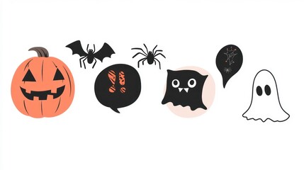 Obraz premium Halloween icons with a pumpkin, bats, spiders, ghost, and speech bubble.