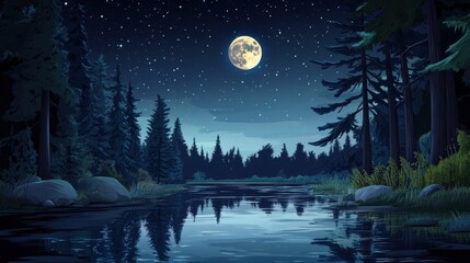 Nighttime Forest Lake with Full Moon and Stars Illustration.
