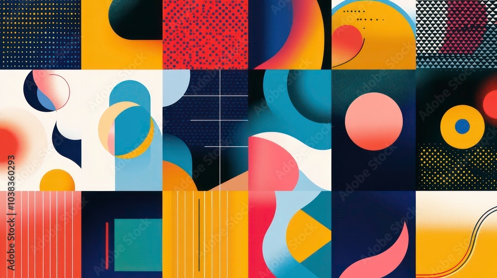 Poster a vibrant and colorful abstract design with geometric shapes and patterns.