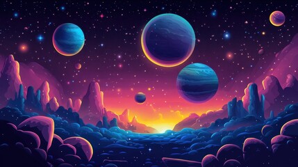 Vibrant Cosmic Landscape with Planets and Stars - Digital Art.
