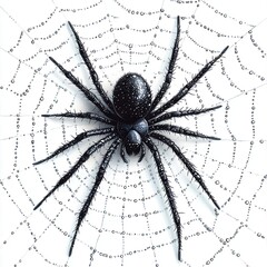 Obraz premium Black Spider on a Dew-Covered Web - Macro Photography.