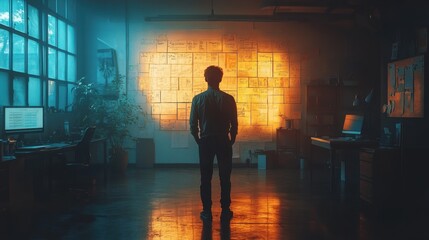 Man standing in a dark room with a bright light