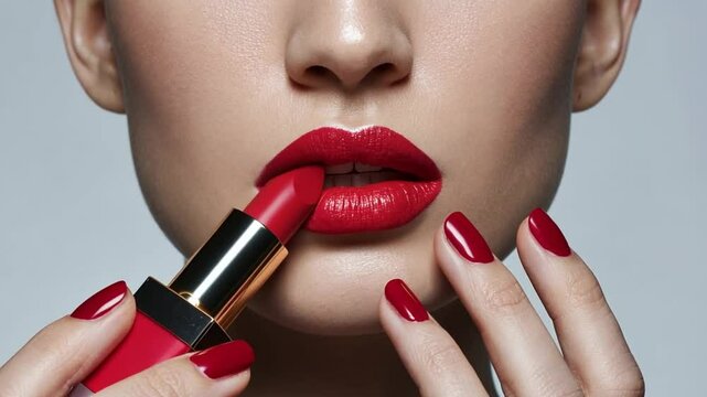A woman applies lipstick and nail polish to her full lips and red nails. The light background emphasizes the vividness of the red. The image captures a sense of elegance and boldness.
